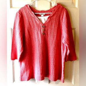 C.J. Banks Coral Pink White Bib 3 Wooden Button 3/4 Sleeve Pullover Sweater 2X
